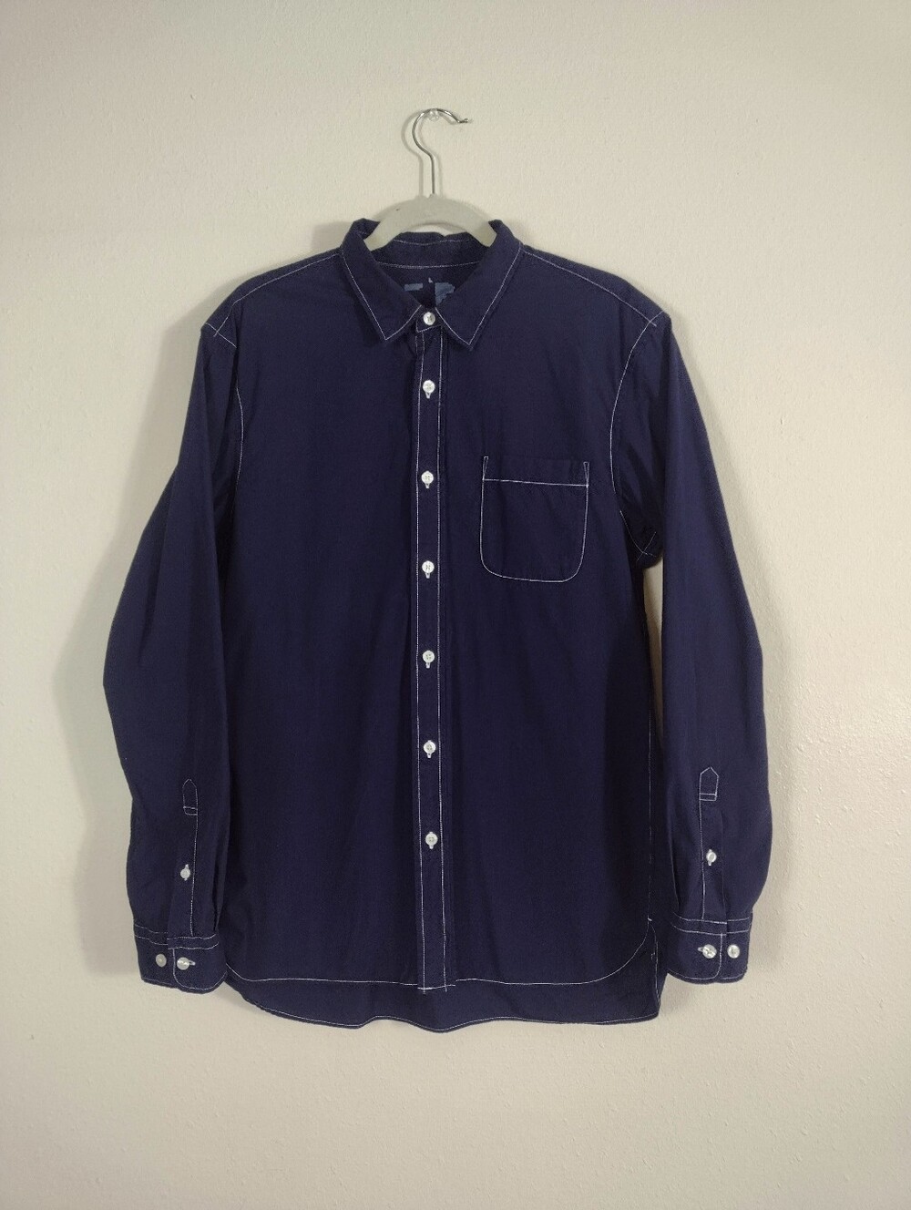 Muji Men's Poplin Cotton Contrast Stitch Long Sleeve Button Up Shirt Navy Large